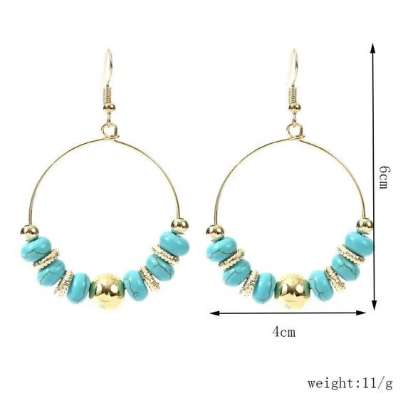 Blue Geometric Beaded Turquoise Stone Earrings Boho Hook Hoop Open Gold Tone - Picture 3 of 5